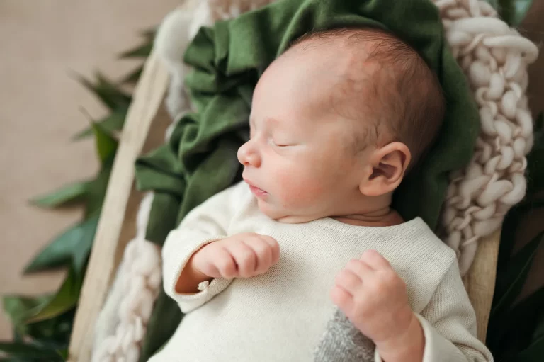 Boston Newborn Photographer Caryn Scanlan Newborn on a brown tan background with a green ti lei